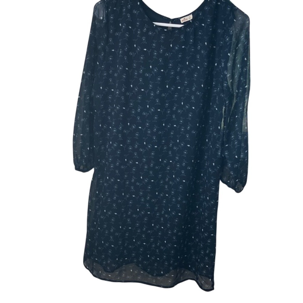 Hollister Womens Navy Blue Floral Sprig Chiffon Shift Dress 3/4 Sleeve Medium